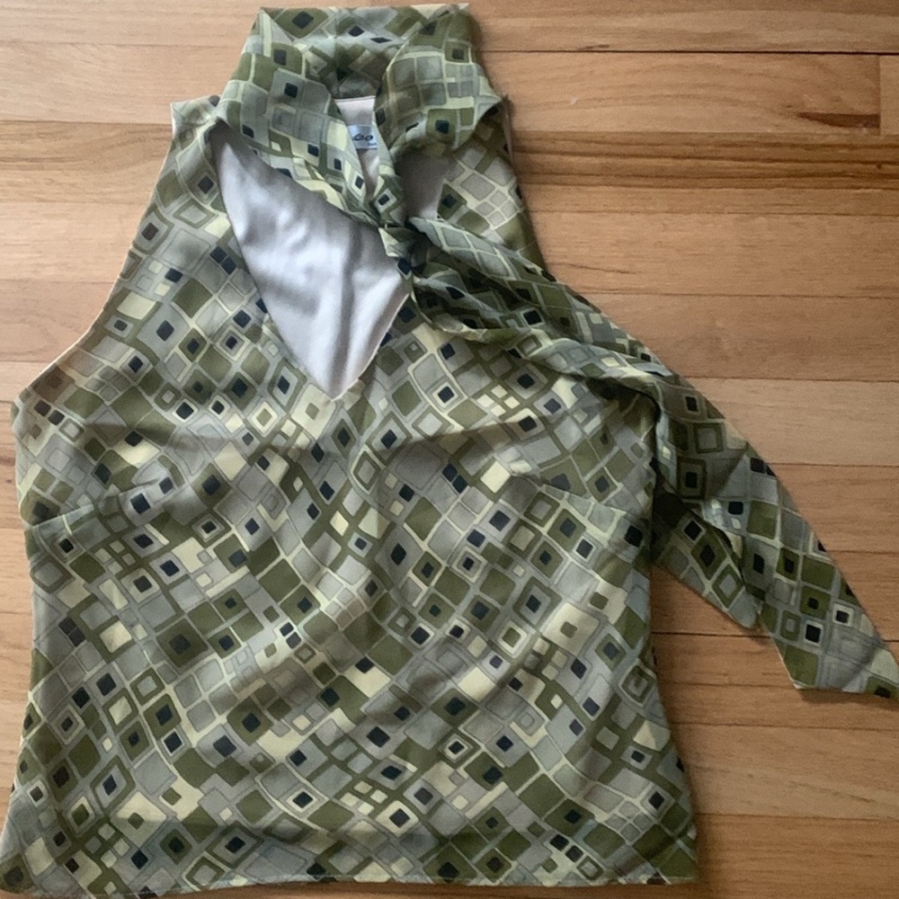 V-Neck Halter Top Olive Green with Liner & Sash Tie -Medium